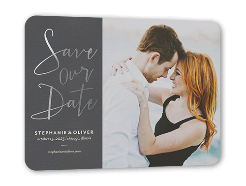 Shining Date Save The Date, Grey, Silver Foil, 5x7 Flat, Signature Smooth Cardstock, Rounded, Charcoal