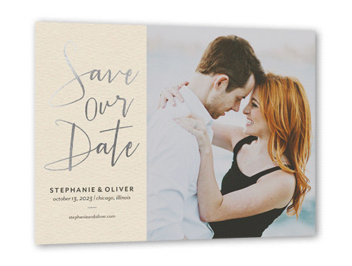 Shining Date Save The Date, Silver Foil, White, 5x7 Flat, Pearl Shimmer Cardstock, Square, Linen