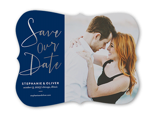 Shining Date Save The Date, Blue, Silver Foil, 5x7 Flat, Signature Smooth Cardstock, Bracket