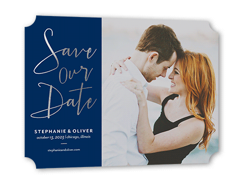Shining Date Save The Date, Blue, Silver Foil, 5x7 Flat, Signature Smooth Cardstock, Ticket