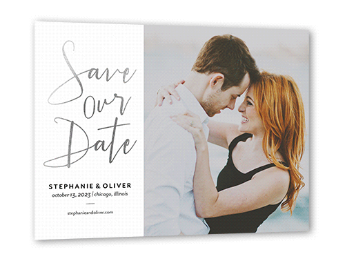 Shining Date Save The Date, White, Silver Foil, 5x7 Flat, Pearl Shimmer Cardstock, Square, White