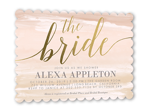 Watercolor Bride Bridal Shower Invitation, Gold Foil, Beige, 5x7 Flat, Pearl Shimmer Cardstock, Scallop, White