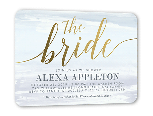 Watercolor Bride Bridal Shower Invitation, Gold Foil, Blue, 5x7, Pearl Shimmer Cardstock, Rounded