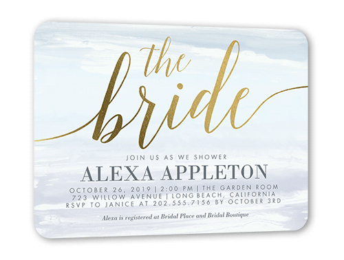 Watercolor Bride Bridal Shower Invitation, Gold Foil, Blue, 5x7 Flat, Pearl Shimmer Cardstock, Rounded, Summer Whisper