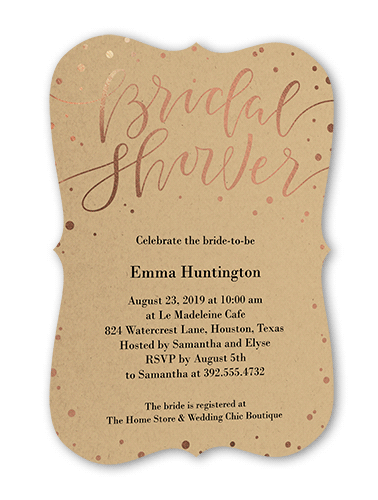 Confetti Bride Bridal Shower Invitation, Rose Gold Foil, Brown, 5x7, Signature Smooth Cardstock, Bracket