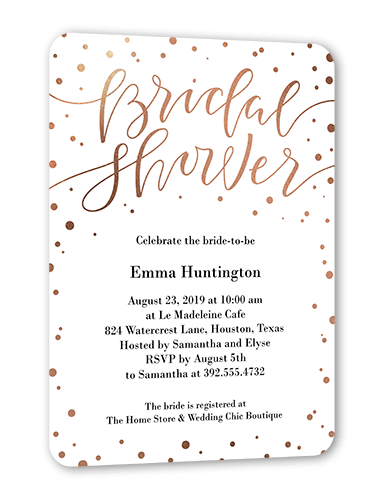 Confetti Bride Bridal Shower Invitation, White, Rose Gold Foil, 5x7 Flat, Pearl Shimmer Cardstock, Rounded