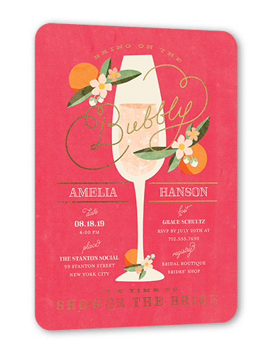 Sweet Nectarine Bridal Shower Invitation, Pink, Gold Foil, 5x7 Flat, Pearl Shimmer Cardstock, Rounded, Medium Pink