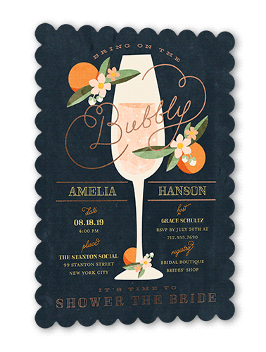 Sweet Nectarine Bridal Shower Invitation, Grey, Rose Gold Foil, 5x7 Flat, Pearl Shimmer Cardstock, Scallop, White