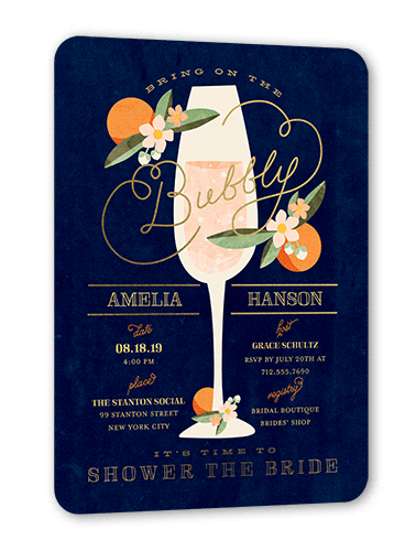 Sweet Nectarine Bridal Shower Invitation, Gold Foil, Blue, 5x7 Flat, Pearl Shimmer Cardstock, Rounded