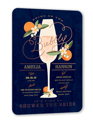 Sweet Nectarine Bridal Shower Invitation, Blue, Rose Gold Foil, 5x7, Pearl Shimmer Cardstock, Rounded