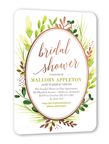 Bountiful Greenery Bridal Shower Invitation, Rose Gold Foil, White, 5x7 Flat, Matte, Signature Smooth Cardstock, Rounded