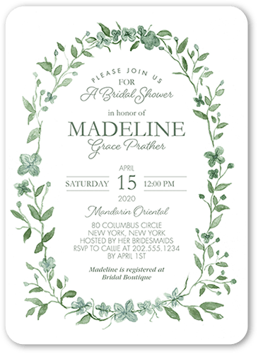 Ethereal Wreath Bridal Shower Invitation, Green, 5x7, Pearl Shimmer Cardstock, Rounded
