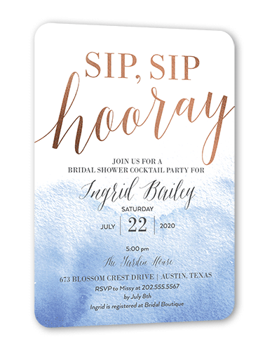 Gleaming Hooray Bridal Shower Invitation, Blue, Rose Gold Foil, 5x7, Matte, Signature Smooth Cardstock, Rounded