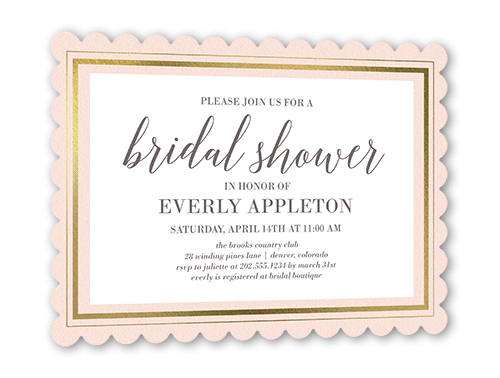 Gracefully Simple Bridal Shower Invitation, Gold Foil, Pink, 5x7 Flat, Pearl Shimmer Cardstock, Scallop