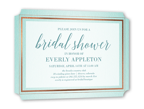Gracefully Simple Bridal Shower Invitation, Rose Gold Foil, Blue, 5x7 Flat, Pearl Shimmer Cardstock, Ticket