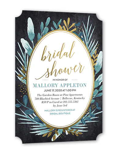 Bountiful Greenery Bridal Shower Invitation, Gold Foil, Black, 5x7, Pearl Shimmer Cardstock, Ticket