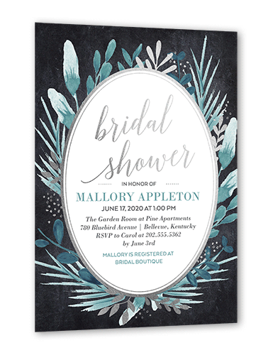 Bountiful Greenery Bridal Shower Invitation, Silver Foil, Black, 5x7 Flat, Luxe Double-Thick Cardstock, Square, Black