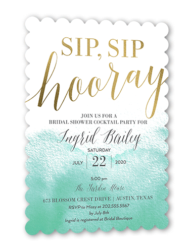 Gleaming Hooray Bridal Shower Invitation, Blue, Gold Foil, 5x7 Flat, Matte, Signature Smooth Cardstock, Scallop