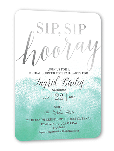 Gleaming Hooray Bridal Shower Invitation, Silver Foil, Blue, 5x7 Flat, Matte, Signature Smooth Cardstock, Rounded