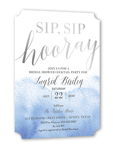 Gleaming Hooray Bridal Shower Invitation, Silver Foil, Blue, 5x7 Flat, Pearl Shimmer Cardstock, Ticket