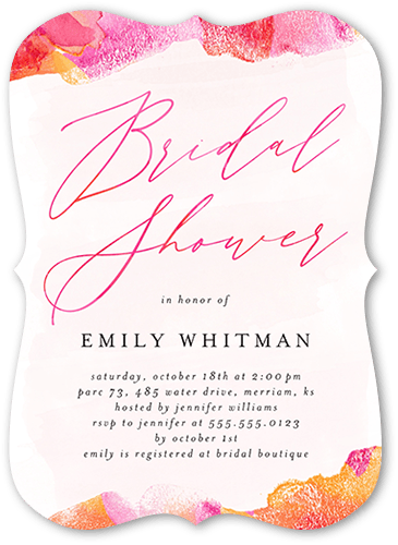 Watercolors And Showers Bridal Shower Invitation, Pink, 5x7, Pearl Shimmer Cardstock, Bracket