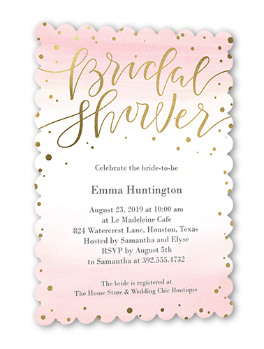 Confetti Bride Bridal Shower Invitation, Pink, Gold Foil, 5x7, Signature Smooth Cardstock, Scallop