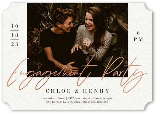 Scripted Party Engagement Party Invitation, Beige, 5x7 Flat, Pearl Shimmer Cardstock, Ticket