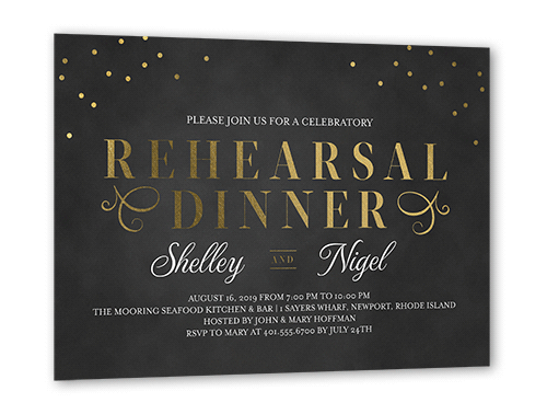Dazzling Script Confetti Rehearsal Dinner Invitation, Gold Foil, Grey, 5x7 Flat, Matte, Signature Smooth Cardstock, Square