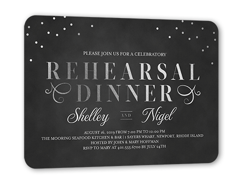 Dazzling Script Confetti Rehearsal Dinner Invitation, Grey, Silver Foil, 5x7 Flat, Pearl Shimmer Cardstock, Rounded