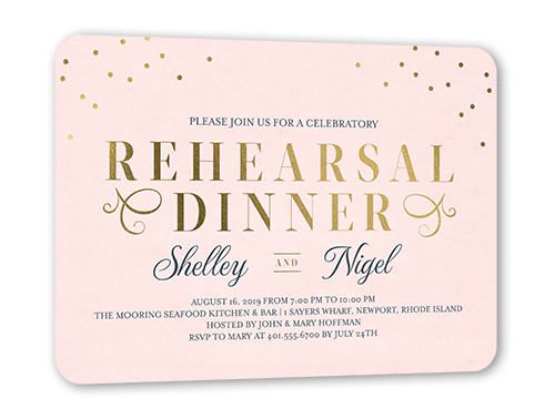 Dazzling Script Confetti Rehearsal Dinner Invitation, Gold Foil, Pink, 5x7 Flat, Pearl Shimmer Cardstock, Rounded