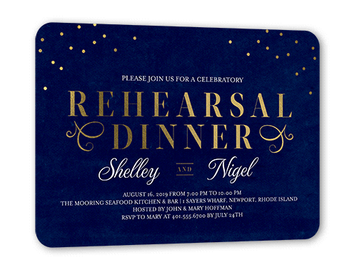 Dazzling Script Confetti Rehearsal Dinner Invitation, Blue, Gold Foil, 5x7 Flat, Pearl Shimmer Cardstock, Rounded