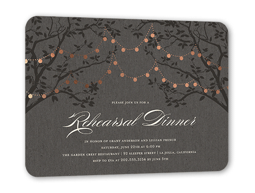 Enlightened Evening Rehearsal Rehearsal Dinner Invitation, Grey, Rose Gold Foil, 5x7 Flat, Signature Smooth Cardstock, Rounded