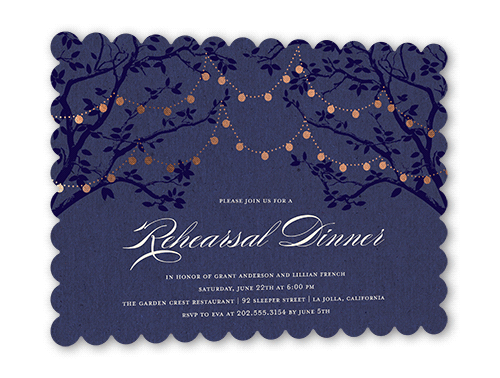 Enlightened Evening Rehearsal Rehearsal Dinner Invitation, Rose Gold Foil, Purple, 5x7, Signature Smooth Cardstock, Scallop