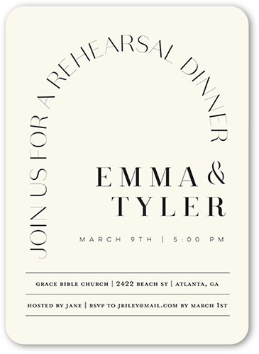 Arched Rehearsal Rehearsal Dinner Invitation, Beige, 5x7 Flat, 100% Recycled Cardstock , Rounded