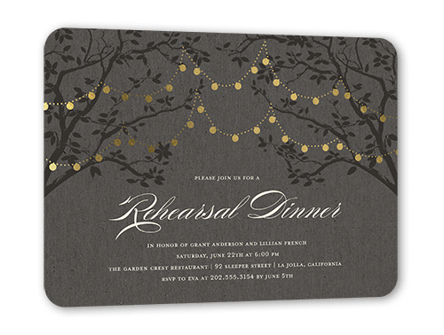 Enlightened Evening Rehearsal Rehearsal Dinner Invitation, Gold Foil, Grey, 5x7 Flat, Signature Smooth Cardstock, Rounded