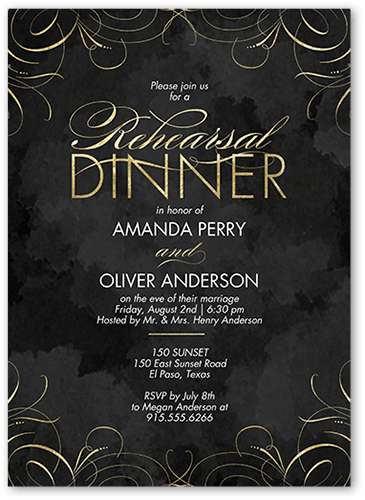 Golden Flourish Rehearsal Dinner Invitation, Black, 5x7 Flat, Luxe Double-Thick Cardstock, Square