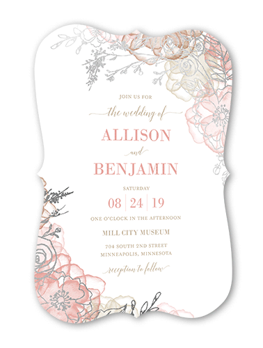 Floral Fringe Wedding Invitation, Pink, Silver Foil, 5x7, Signature Smooth Cardstock, Bracket