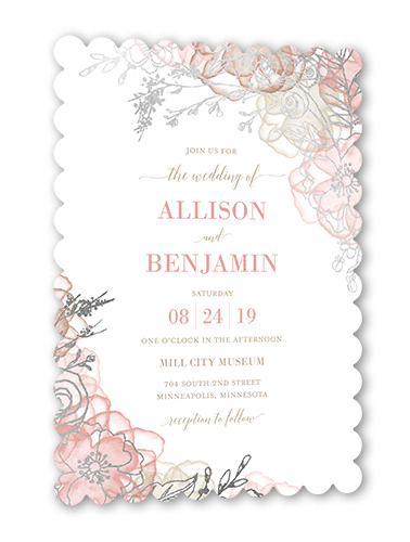 Floral Fringe Wedding Invitation, Pink, Silver Foil, 5x7 Flat, Pearl Shimmer Cardstock, Scallop