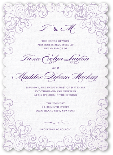 Dazzling Lace Wedding Invitation, Purple, none, 5x7, Matte, Signature Smooth Cardstock, Scallop