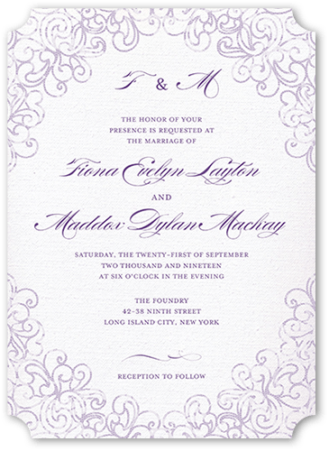 Dazzling Lace Wedding Invitation, Purple, none, 5x7, Pearl Shimmer Cardstock, Ticket