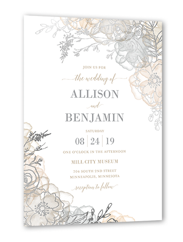 Floral Fringe Wedding Invitation, Beige, Silver Foil, 5x7 Flat, Pearl Shimmer Cardstock, Square