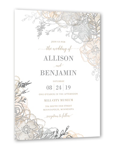 Floral Fringe Wedding Invitation, Beige, Silver Foil, 5x7 Flat, Luxe Double-Thick Cardstock, Square