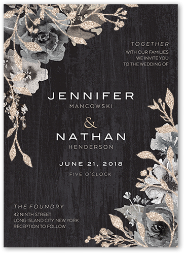 Radiant Foliage Wedding Invitation, Black, 5x7 Flat, Antique Gold Glitter, Matte, Signature Smooth Cardstock, Square, Black