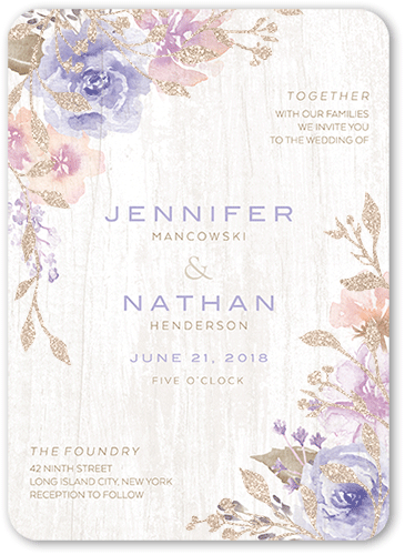 Radiant Foliage Wedding Invitation, Purple, 5x7 Flat, Antique Gold Glitter, Matte, Signature Smooth Cardstock, Rounded