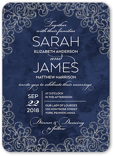 Sparkling Lace Wedding Invitation, Blue, 5x7, Silver Glitter, Matte, Signature Smooth Cardstock, Rounded