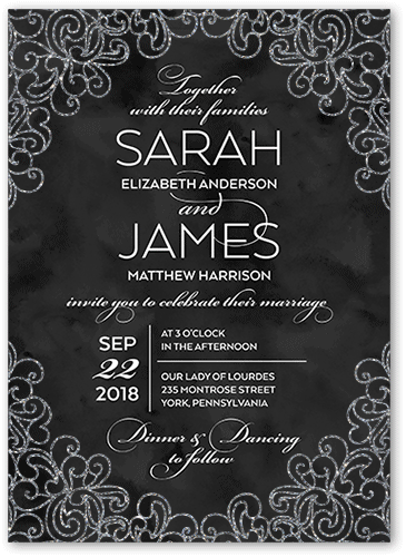 Sparkling Lace Wedding Invitation, Black, 5x7 Flat, Silver Glitter, Matte, Signature Smooth Cardstock, Square