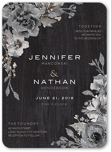 Radiant Foliage Wedding Invitation, Black, 5x7 Flat, Silver Glitter, Matte, Signature Smooth Cardstock, Rounded, Black