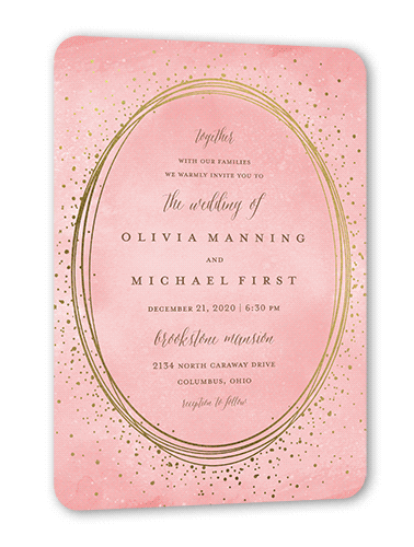 Resplendent Night Wedding Invitation, Gold Foil, Pink, 5x7 Flat, Pearl Shimmer Cardstock, Rounded