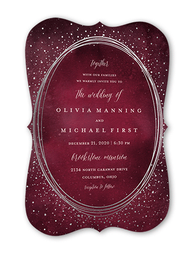 Resplendent Night Wedding Invitation, Purple, Silver Foil, 5x7 Flat, Pearl Shimmer Cardstock, Bracket