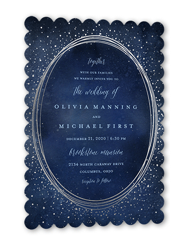 Resplendent Night Wedding Invitation, Silver Foil, Blue, 5x7, Matte, Signature Smooth Cardstock, Scallop